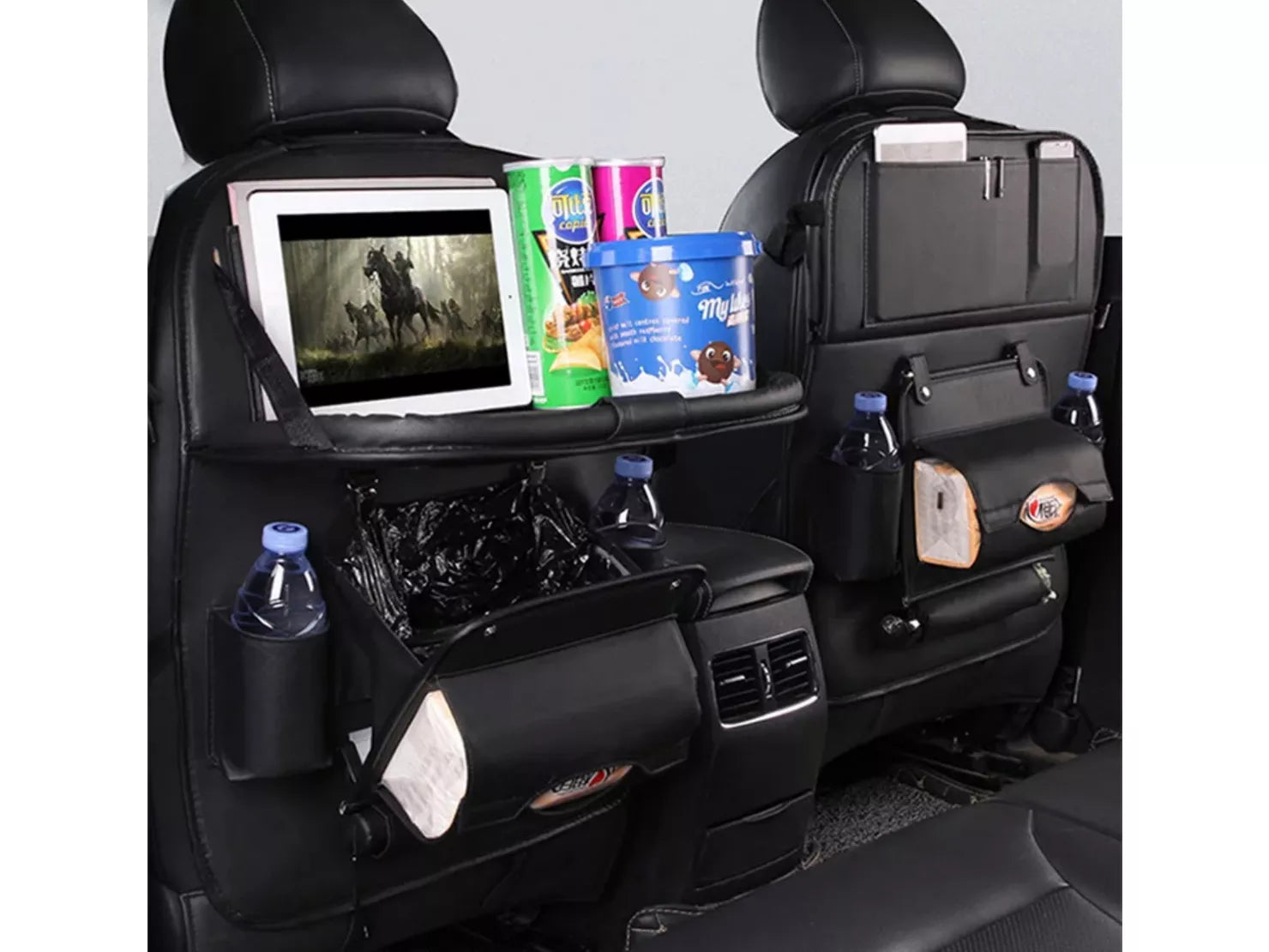 LuxuryDrive™ Premium Leather Backseat Organizer with Foldable Tray